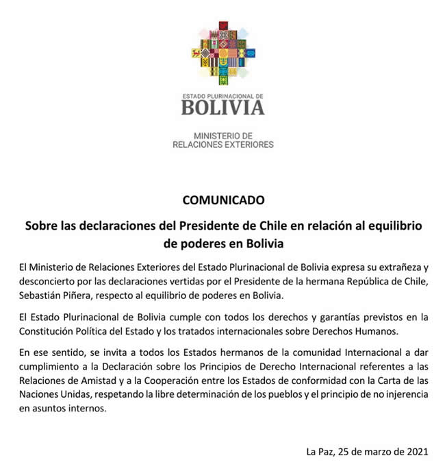 Gobierno Boliviano Mandó a Piñera a Meterse en sus Asuntos